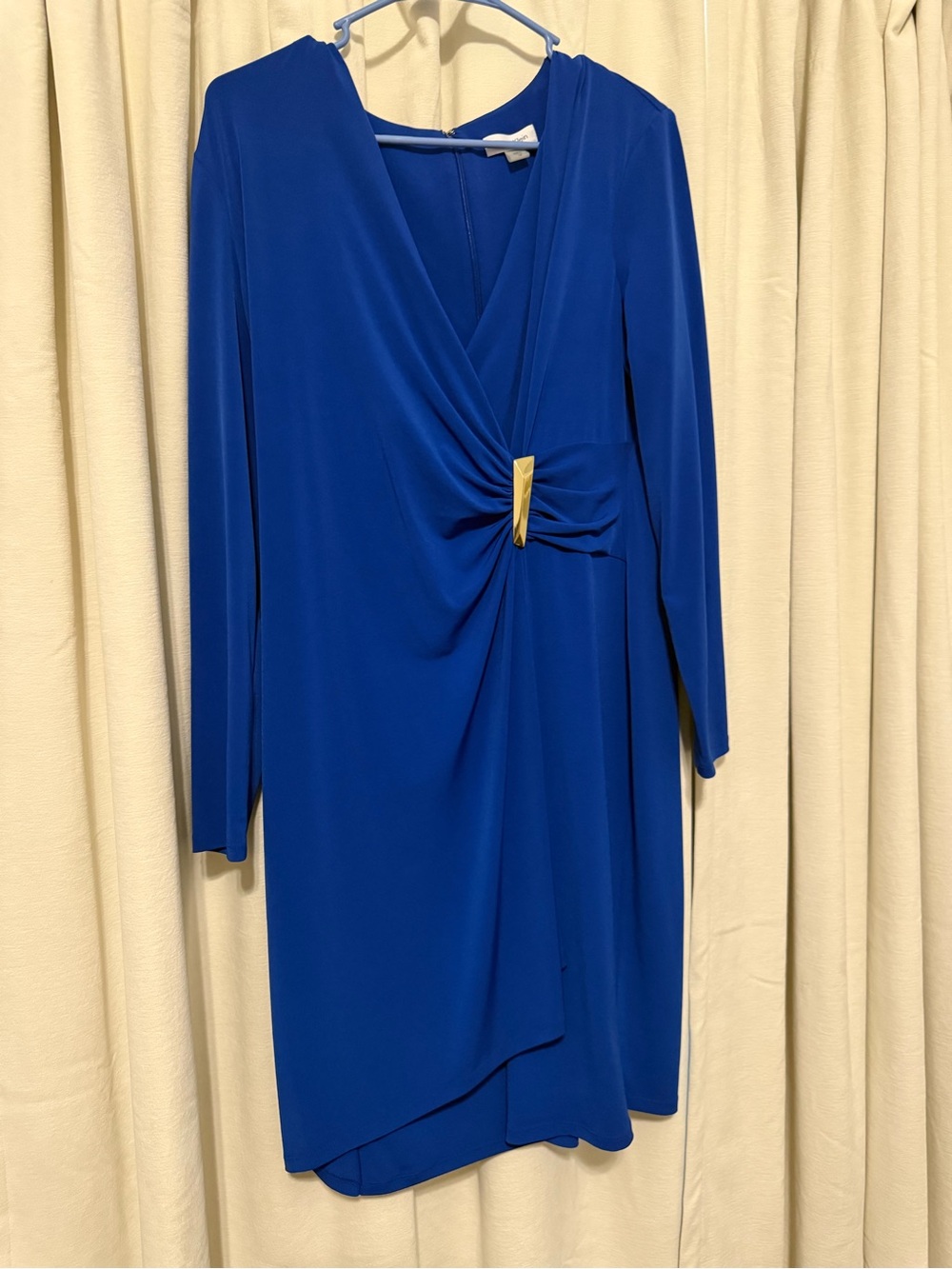 Calvin Klein Cobalt Blue Long Sleeve V-Neck Dress with Gold Twist